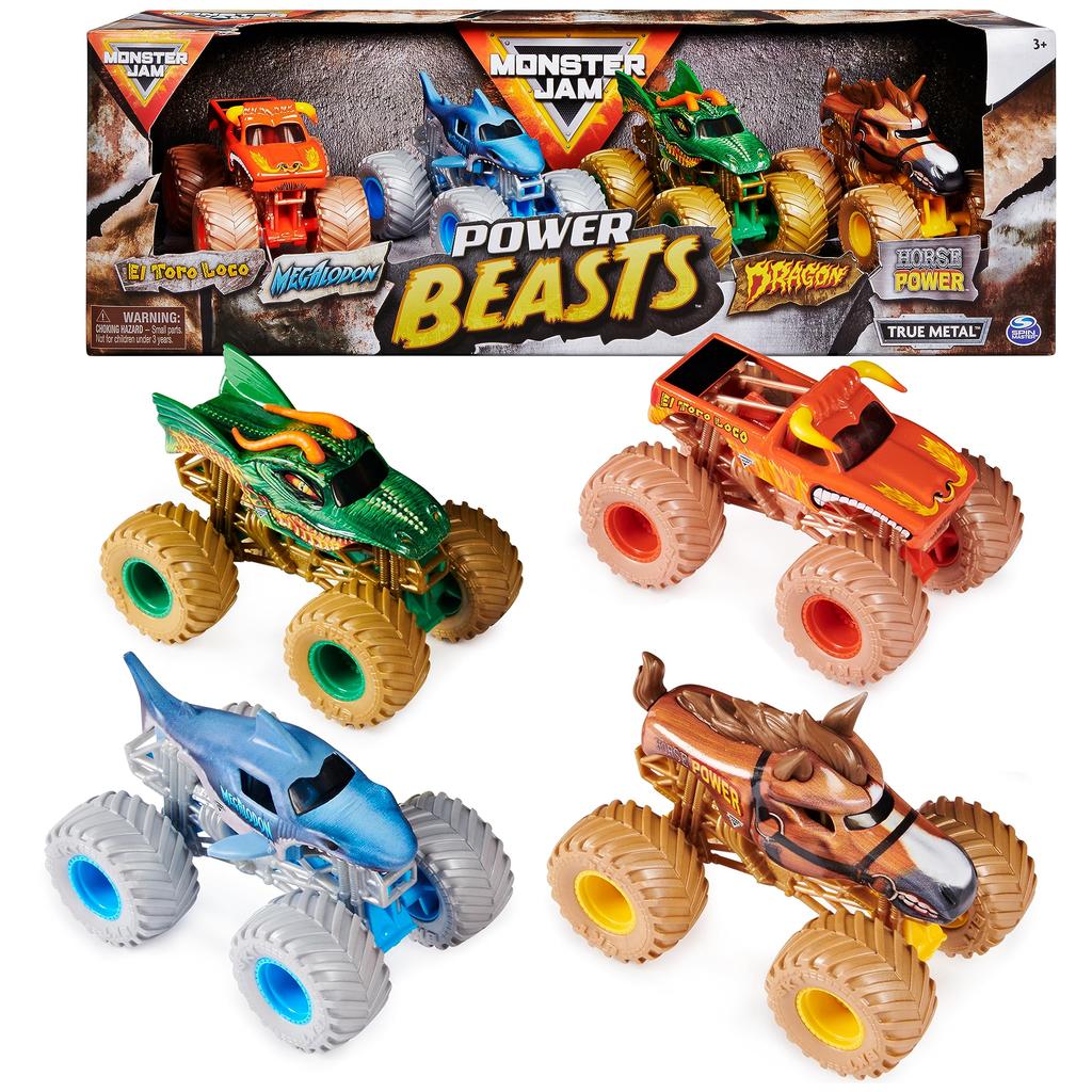 Monster Jam Power Beasts Monster Truck 4-Pack (El Toro Loco, Megalodon, Dragon and Horsepower), 1:64 Scale, Kids' Toys for Boys and Girls, Ages 3+