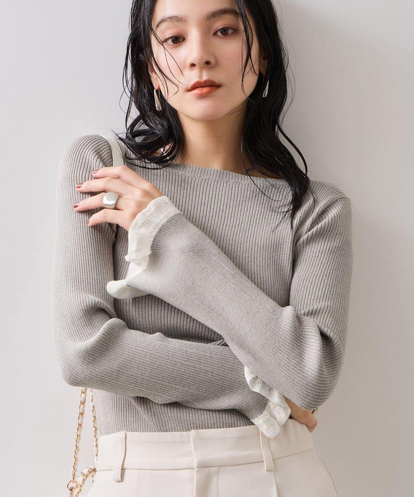 [BIS] Spitzengestrickter Pullover mit Bündchen, Hellgrau (08) F.