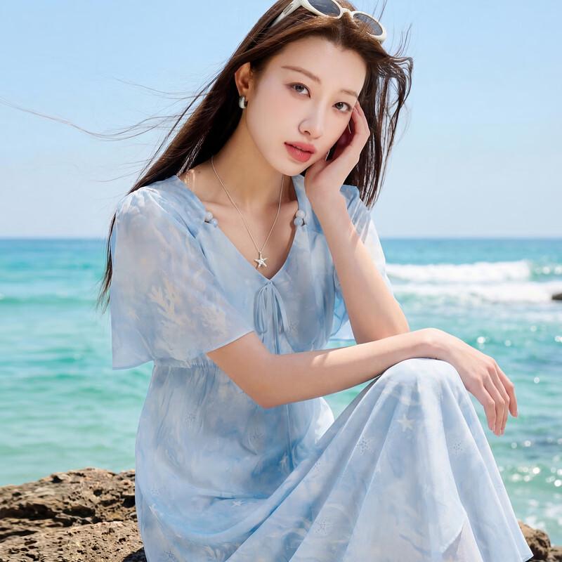 Sancai Plus Size 2026 Summer Chiffon Maxi Dress with Oceanic Print