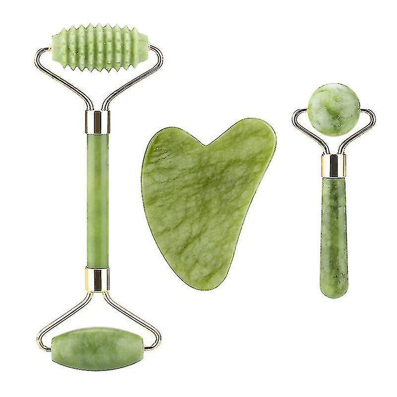 3 In 1 Facial Massage Roller Guasha Board Kit Double Heads Jade Stone Face Lift Skin Relaxation