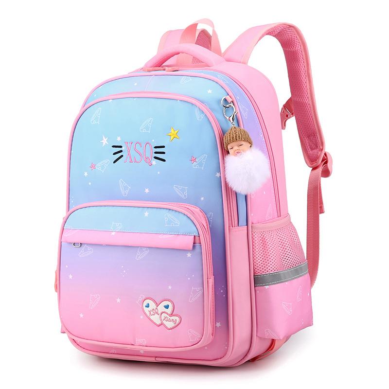 Girls' School Backpack with Cute Doll Pendant Gradient Princess Backpack Nylon Student School Bags Suitable for Ages 1-3-6 Book