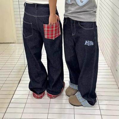 ZYLLO Amerikanischer Retro Plaid Patchwork Gerollter Saum Damen Jeans High Street Harajuku Locker Weites Bein Gerades Bein Herren und Damen Hose