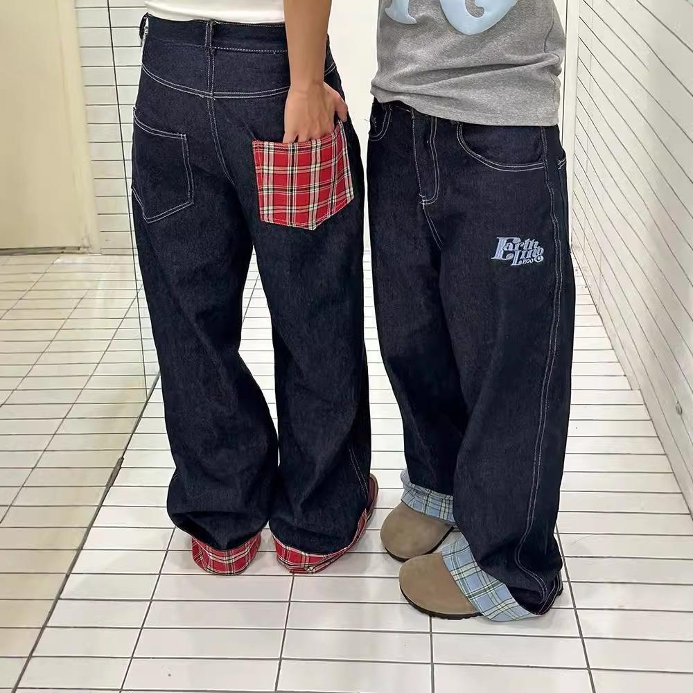 Amerikanische Retro Karomuster Patchwork Umgeschlagener Saum Damen Jeans High Street Harajuku Locker Weites Bein Gerades Bein Herren und Damen Hosen