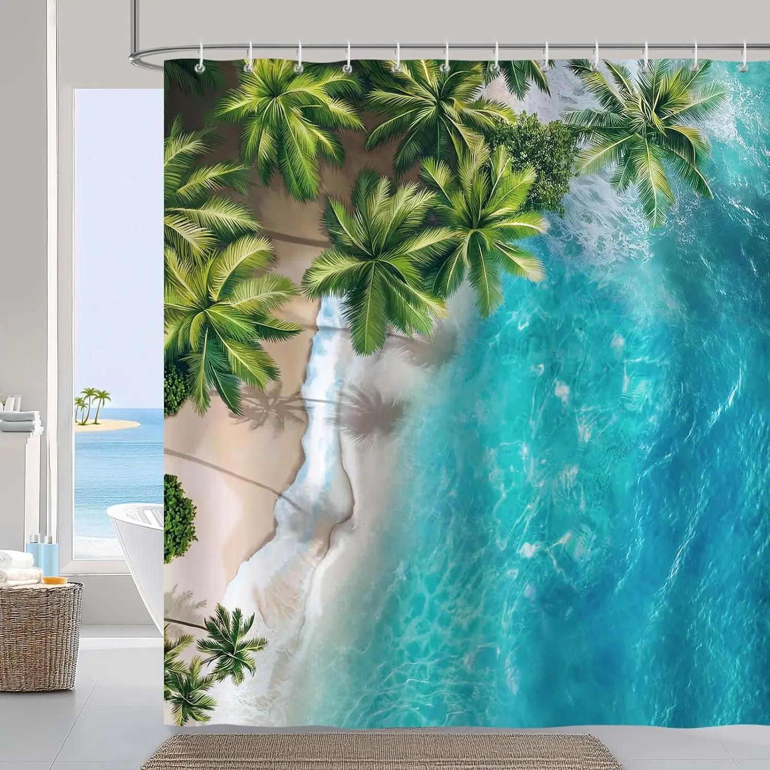 

Summer beach ocean blue tropical palm shower curtain waterproof washable polyester shower curtain 180 x 180cm with 12 hooks W90XH180cm