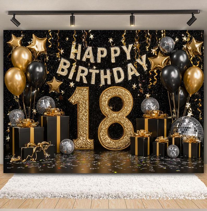 Black and Gold Balloon Gift Theme 18th Birthday Banner Backdrop Cloth Adult Gift Birthday Party Decoration Photography Backdrop