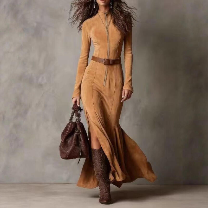 Lässiges O-Ausschnitt Langarm Wildleder Partykleid Elegant Seitenschlitz Einfarbig Slim Langes Kleid Damenmode mit Gürtel zum Binden Maxi-Kleid