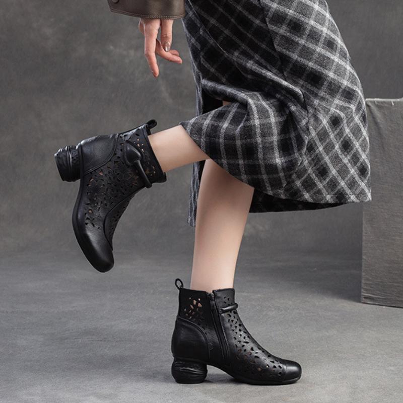 Johnature Retro Prodyšné Holínky Letní Sandály Móda z pravé kůže Dámská obuv na vysokém podpatku