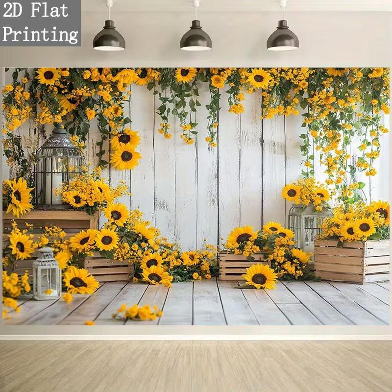 2D Yellow Sunflower Banner, White Wood Lantern Party Photo Booth Background