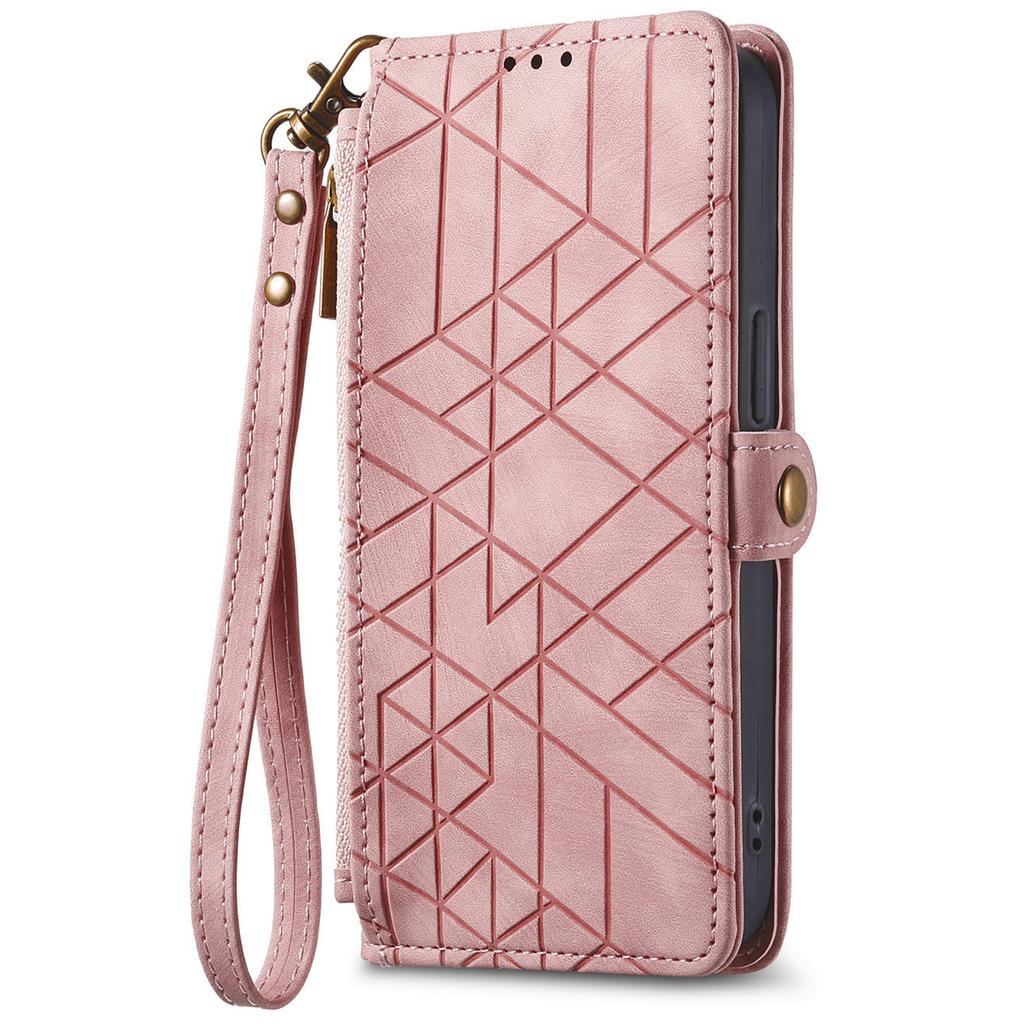 For Xiaomi 14T Pro Zipper Wallet Case Geometry Lines Leather Phone Cover with Strap