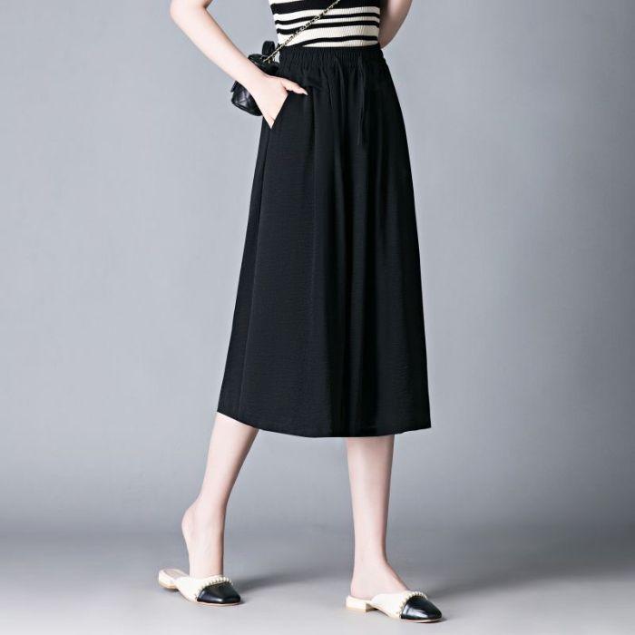 Women Casual Pants Elastic High Waist Adjustable Lace-up Wide Leg Cropped Pants Solid Color Loose Fit Lounge Culottes