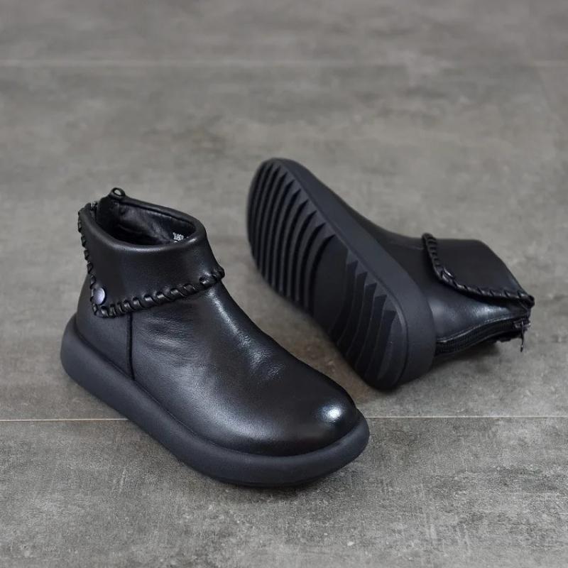 Johnature Turned-over Edge Plush Warm Cotton Shoes Genuine Leather Anti Slip Women's Ankle Boots