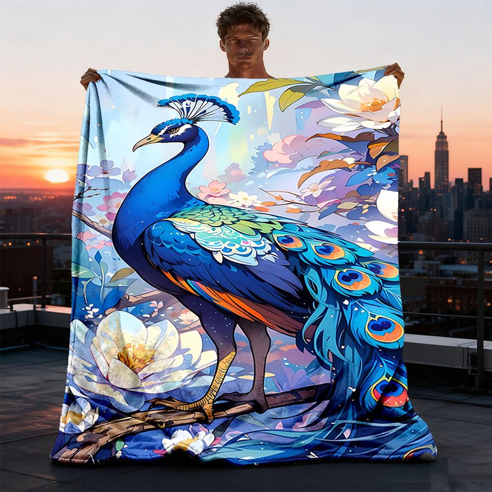 1pc Peacock Feather Artwork Outdoor Flannel Blanket, Cozy & Warm Soft Te Playful Design, Napping Camping,