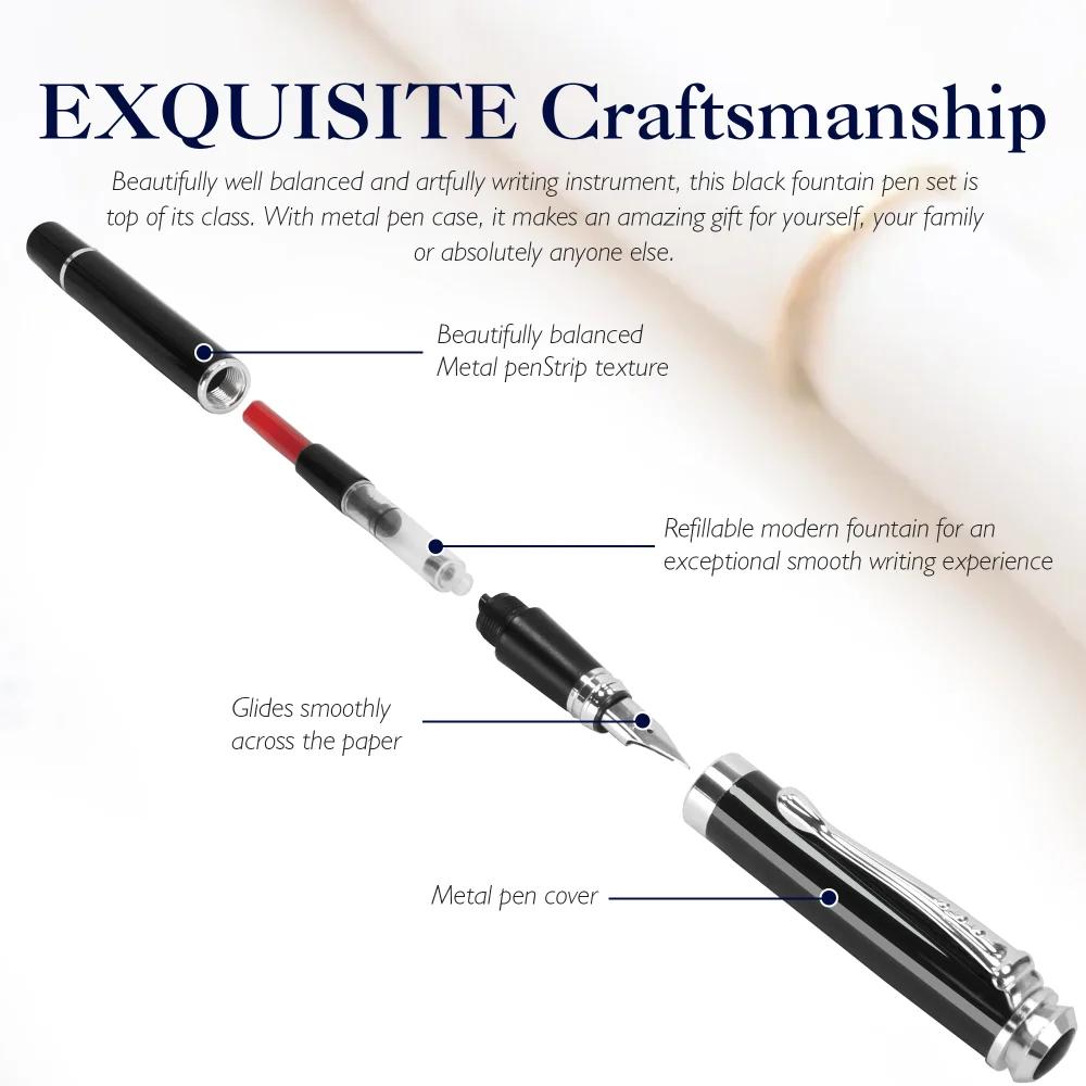 STONEGO 0.38mm Ultra Fine Tip Fountain Pen, Black Metallic Calligraphy Gift Pen with Ink Refill Converter, Executive Pen