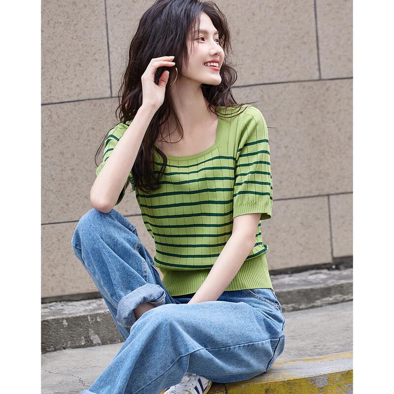 Demana French Style Striped Short Sleeve Knit Top M