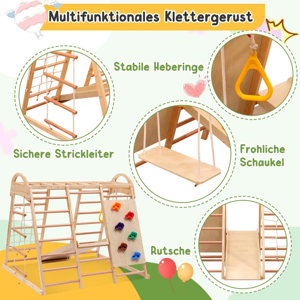 Sprossenwand Indoor Klettergerüst Kinder, Holz Kletterwand m. Rutsche, Schaukel, Krabbelleiter, Klimmzug, Ringe, bis 50kg, Natur/Weiß