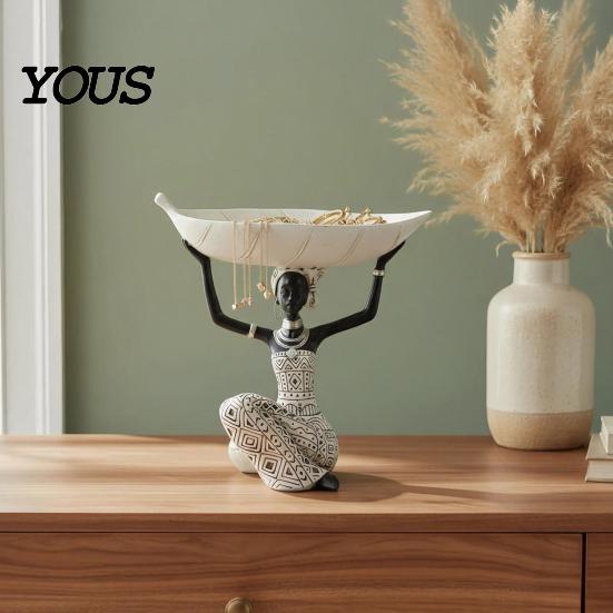 Jewelry Snack Tray African Woman Figurine with Head Tray, Black & White Tribal Ethnic Pattern Resin Statue, Overhead Key Holder Dual-Function Storage