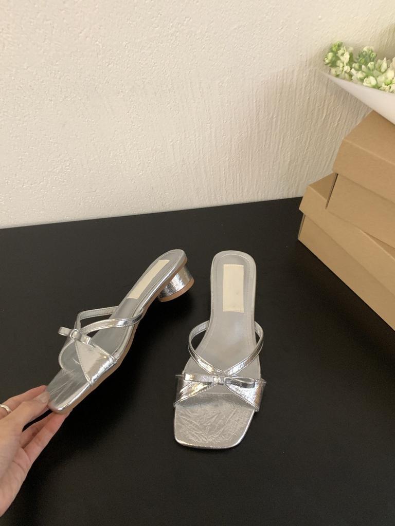 Medium heel temperament silver bow cool slippers women's outer wear with skirt fairy sandals