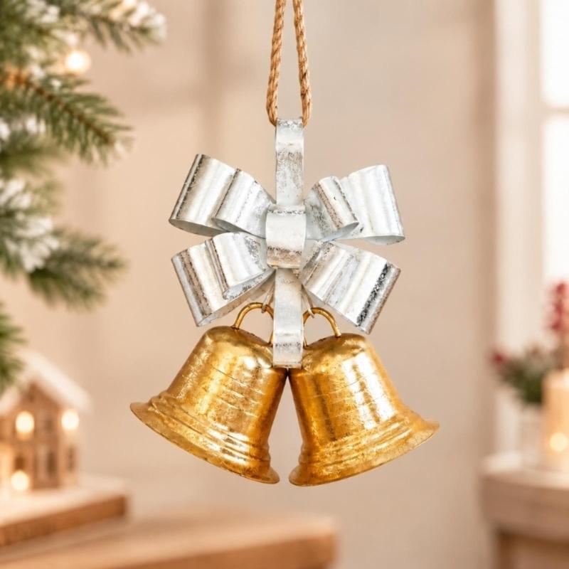 Three-Dimensional Metal Christmas Bowknot Decoration with 2 Iron Bells and Top Hanging Loop for Storefronts and Hotel Lobbies