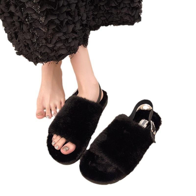 Foreign trade plush sandals women wear white fluffy shoes in winter women's new flat-soled fluffy slippers in autumn and winter 2024