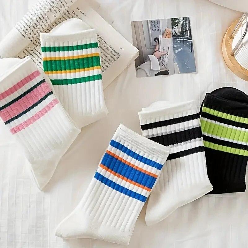 5 Pairs Women's Socks Cute Harajuku Warm Sock Simple Colorful Striped Short Socks Fashion Spring Autumn Women's Mid Length Socks