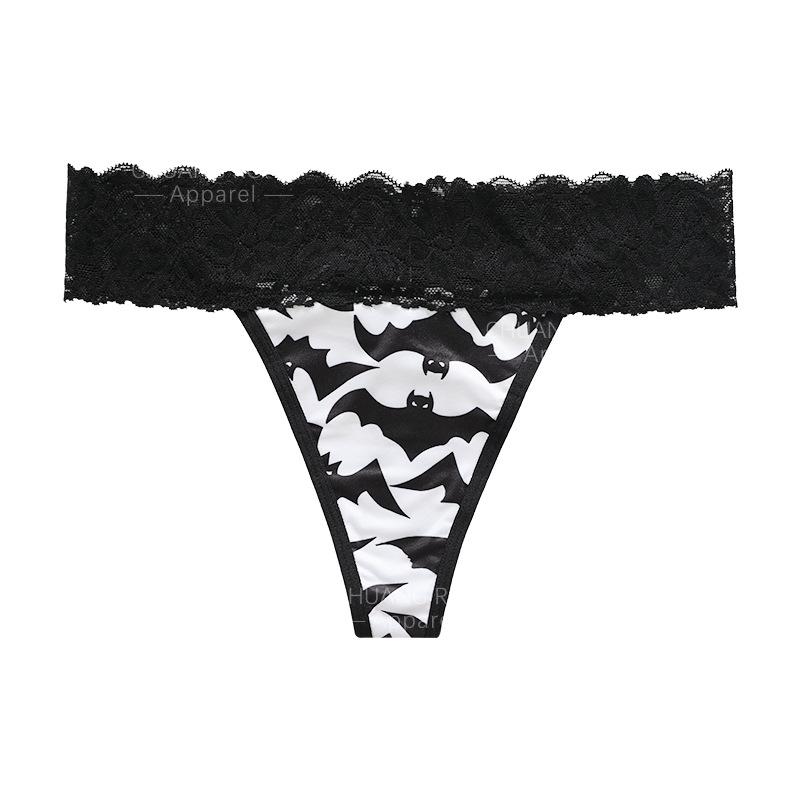 Lace stitching sexy halloween pumpkin print thong low waist pure desire breathable non-marking ice silk panties S