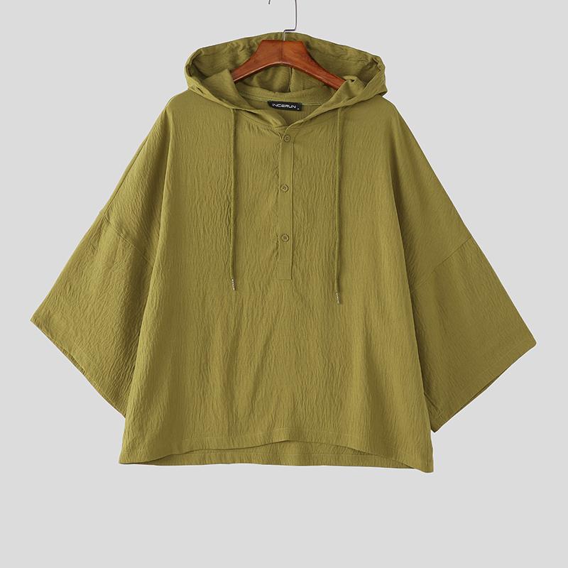 

INCERUN Oversized Summer Men Lapel Neck 3/4 Sleeve Buttons Hooded Casual T-shirts Tops S