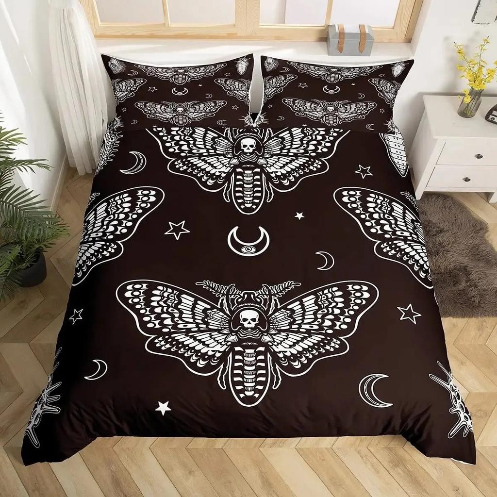 Boho Gothic Skull Bedding Set Death Moth Duvet Cover Set King Queen Full Twin Size Galaxy Sun And Moon Polyester Comforter Cover