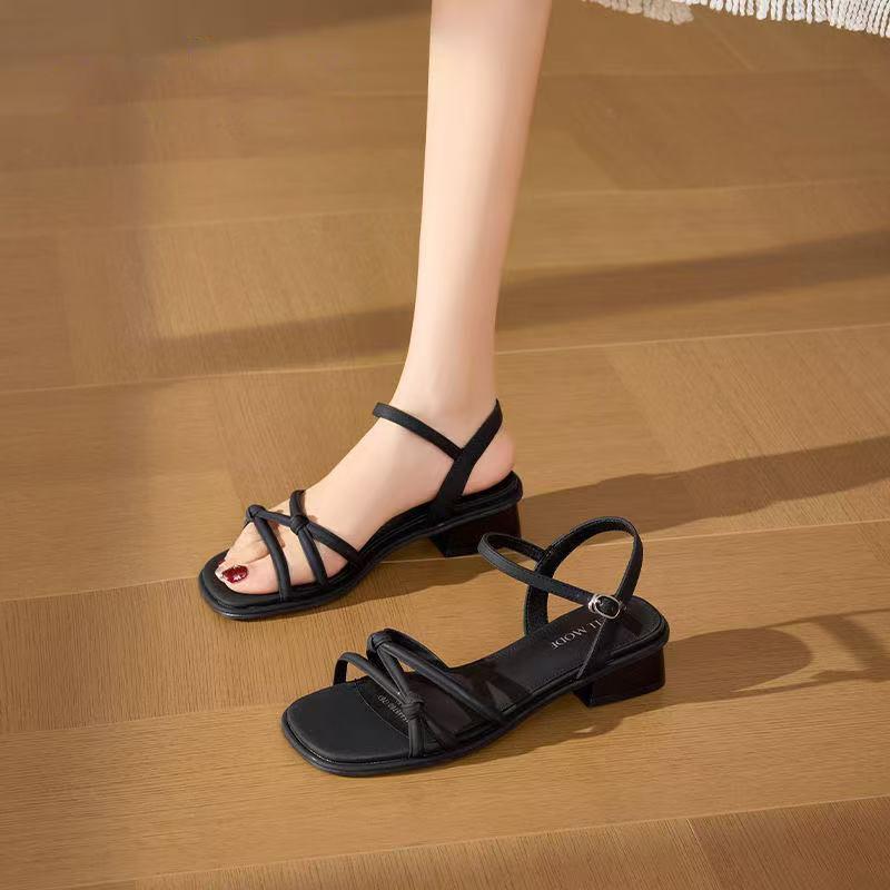 

Non-slip one-word buckle strap summer new thick-heeled sandals women s versatile elegant mid-heeled sandals 40 чёрный
