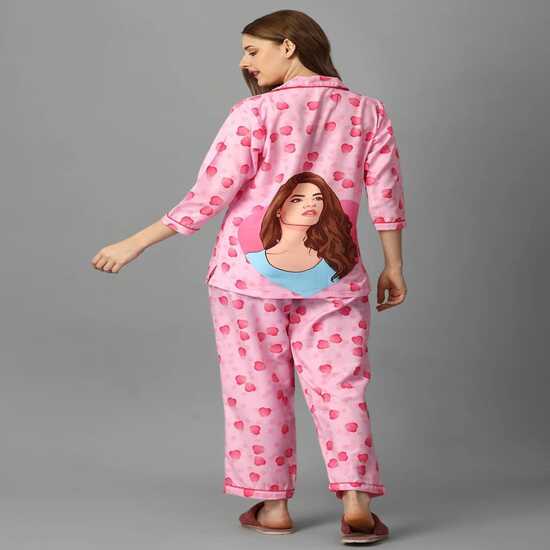 Women's Pink Heart Print Night Suit with Graphic Back Detail