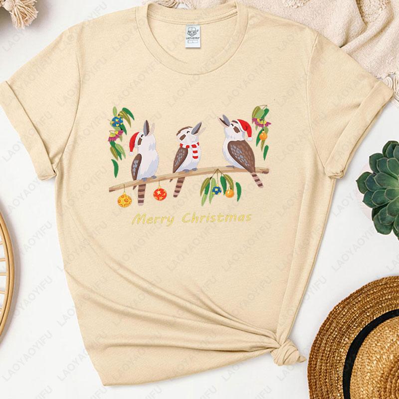 Womens Australian Kookaburra Bird Print TShirt Merry Christmas Australian Theme Tops Casual Blouse for Christmas Party Outfits