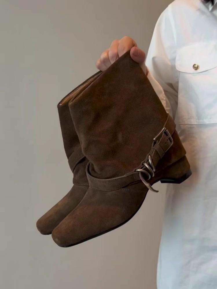 Cowhide version~ inner height increase metal belt buckle western boots retro suede square head niche high-end handsome short boots
