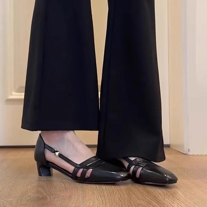 Sheepskin version~ retro hollow shallow mouth breathable sandals women's one foot literary style low heel commuting sheepskin, single shoes
