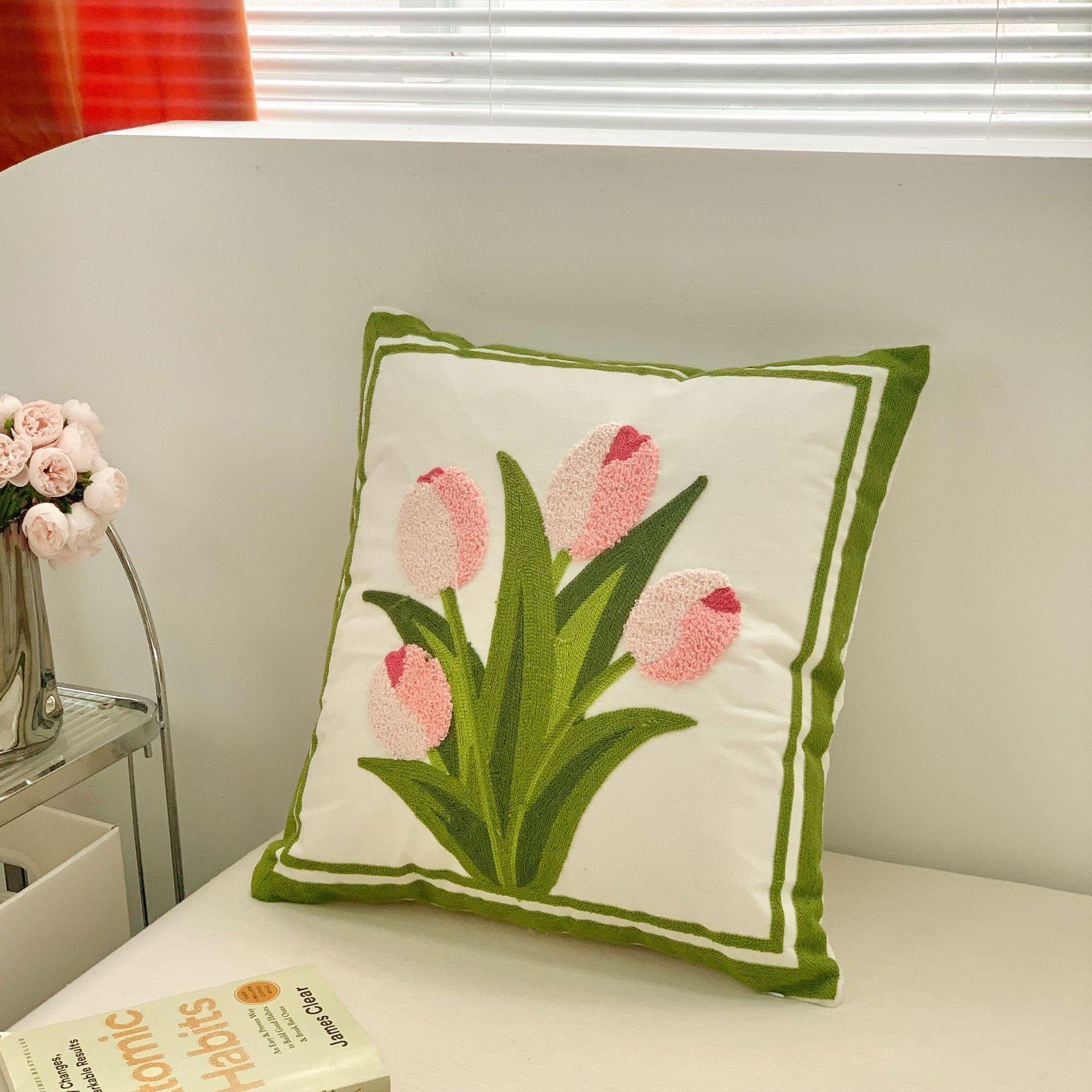 

Популярная французская вышитая подушка с тюльпанами и розами, трансграничная диванная подушка, гостиничное украшение, хлопково-льняная подушка, наволочка pillowcase