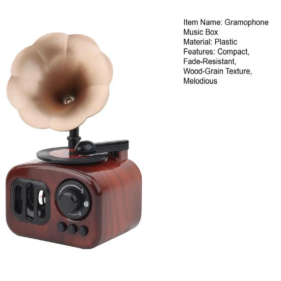 Vintage Gramophone Music Box Retro Mini Ornament, Wood Grain Phonograph Shaped Decorative Bar And Cafe Decor Box, Desktop Figurine for Shop