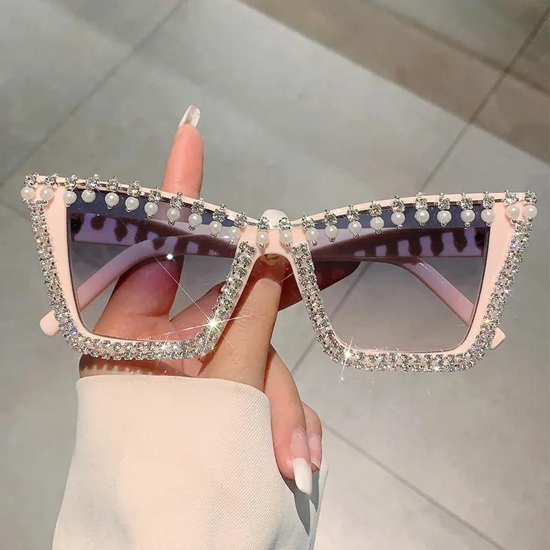 Brand Designer Luxury Diamond Pearl Cat Eye Sunglasses Women For Female Fashion Vintage Sun Glasses Punk Crystal Shades Uv400