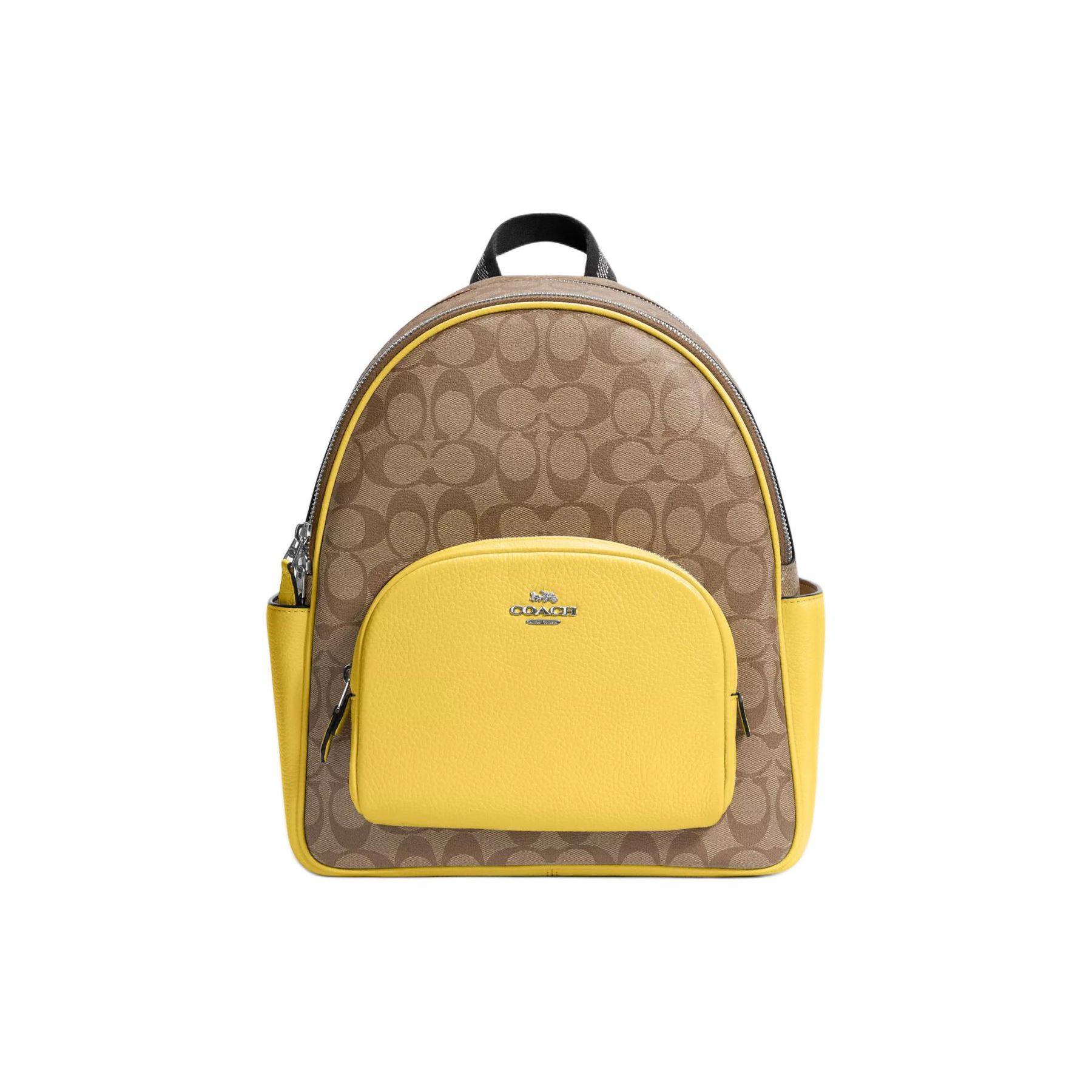 Coach Women's Silver/Yellow Court 27 Signature Letter Logo Coated Canvas And Pebbled Leather Backpack Large Backpack Khaki Vintage- 5671-Svwgw