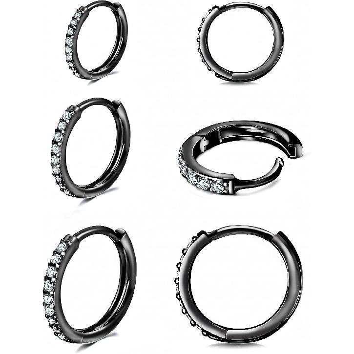 3 Pairs 925 Sterling Silver Small Hoop Earrings for Women Men | Cubic Zirconia, 14K White Gold Plated Huggie Hoop Earrings, Hypoallergenic