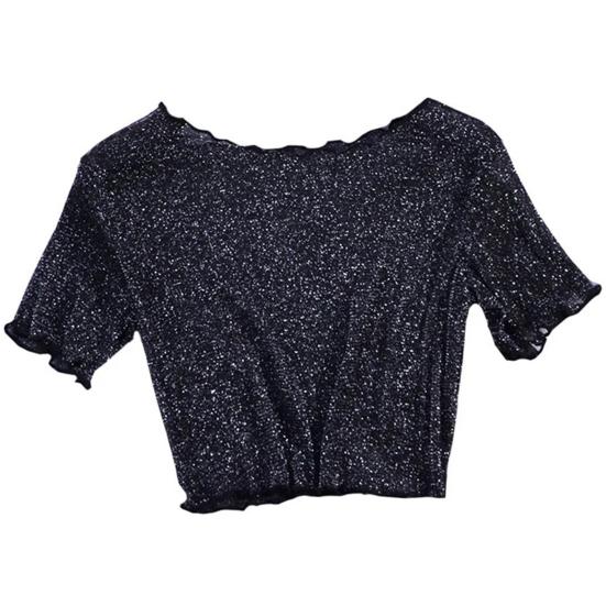 

Женский укороченный топ с прозрачной отделкой и коротким рукавом с круглым вырезом, прозрачная сетчатая футболка с блестками, уличная одежда чёрный