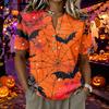 Women's Short Sleeve Henley Shirt Cotton Linen Blend Casual Buttoned Neck Top with Halloween Inspired Pattern and Relaxed Fit