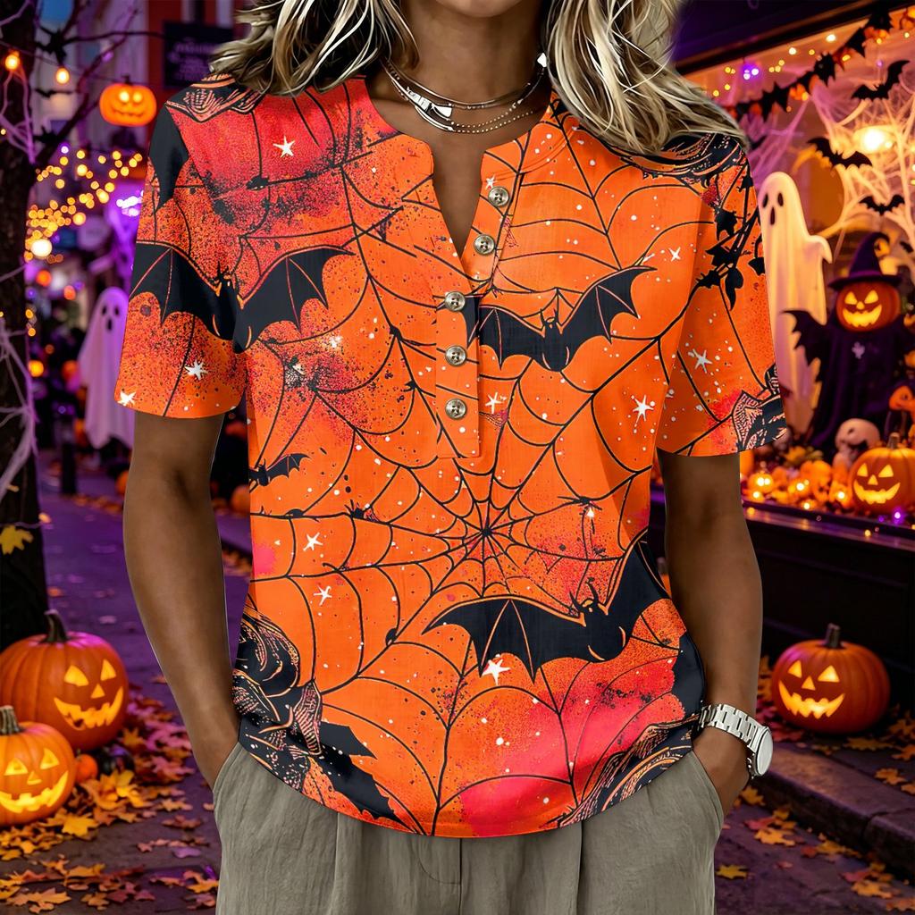 Women's Short Sleeve Henley Shirt Cotton Linen Blend Casual Buttoned Neck Top with Halloween Inspired Pattern and Relaxed Fit