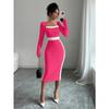 Women Color Block Patchwork Square Collar Long Sleeve High Waist Midi A Line Dress
