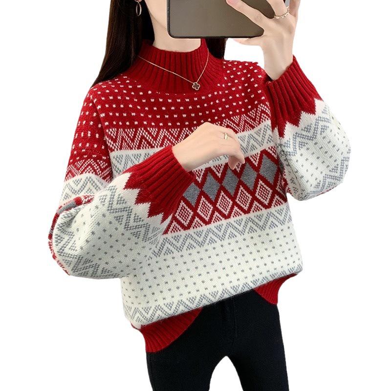 Korean Ethnic Style Jacquard Knit Sweater for Autumn/Winter 2025 - Women's Half-High Collar Loose Fit