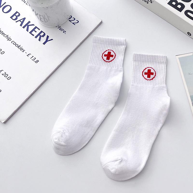 Women's Autumn White Medical Pattern Cotton Mid-Calf Socks - Simple, Versatile, High-Value.