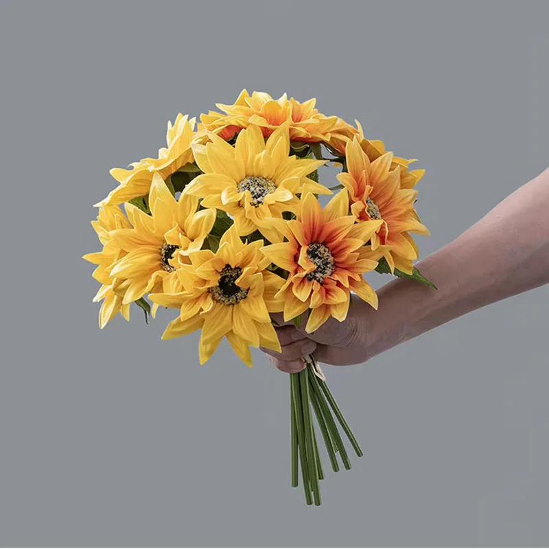 5Pcs/bunch Artifcial Flowers PU Sunflower Bouquet Wedding Decor Fake Flowers Sunflower Home Decoration Accessories Party Floral