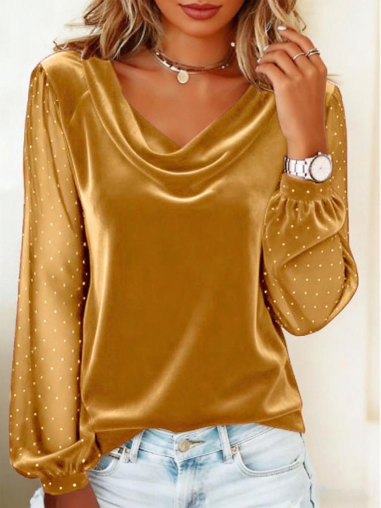 2026 European & American Women's Solid V-neck Mesh Rhinestone Long Sleeve T-shirt