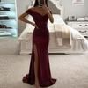 Elegantes, schulterfreies Maxikleid mit V-Ausschnitt und Pailletten, plissiert, kurze Ärmel, Taille, eng anliegend, für Abend, Party, Abschlussball, schlankes, sexy, langes Kleid mit Schlitz
