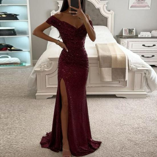 Elegantes, schulterfreies Maxikleid mit V-Ausschnitt und Pailletten, plissiert, kurze Ärmel, Taille, eng anliegend, für Abend, Party, Abschlussball, schlankes, sexy, langes Kleid mit Schlitz
