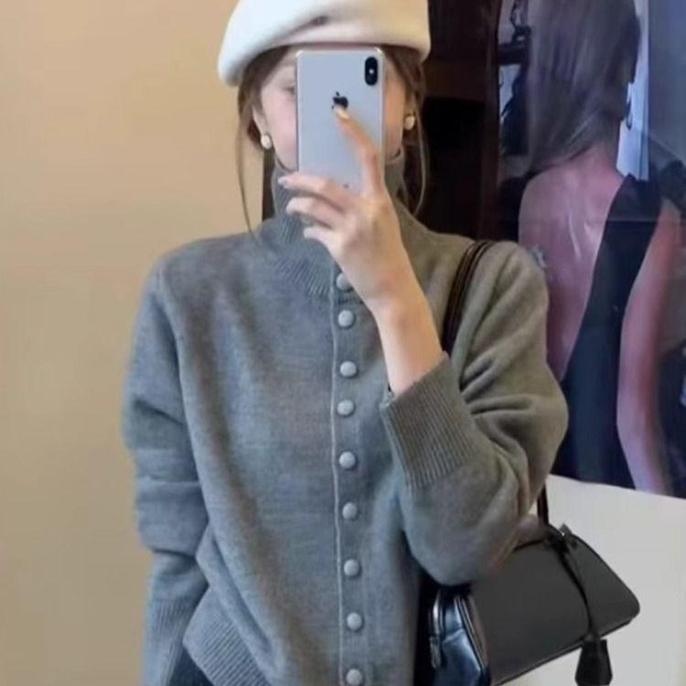 

Женский синий корейский вязаный кардиган с высоким воротником - Толстый свитер со стойкой на осень/зиму 2025 L серый