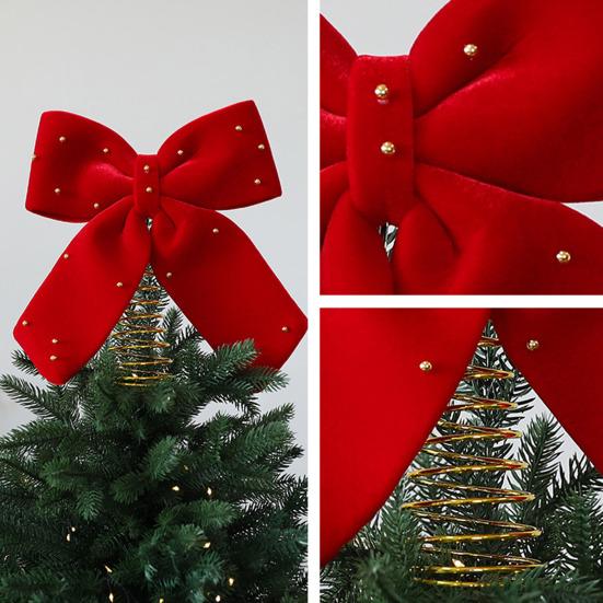 Velvet Christmas Tree Topper Bow Red Plush Bow with Metal Frame Base Festive Holiday Decor for Home Party Display