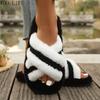 Women Cross Strap Fluffy Slippers Patchwork Platform House Shoes Non-Slip Comfortable Indoor Outdoor
